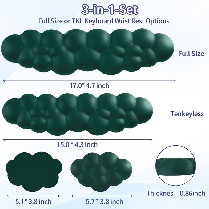 Cloud Wrist Rest Keyboard, Cloud Keyboard Wrist Pad Set with PU Leather Memory Foam, Cute Arm Rest for Palm Support, PC/Gaming Desk Accessories/Office Setup/Computer Hand Cushion - Dark Green