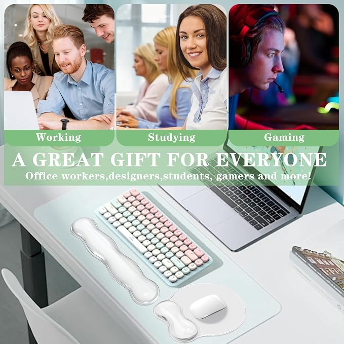 Gel Wrist Rest for Keyboard and Mouse Pad Set - Clear White | Ergonomic Cute Computer Keyboard Wrist Pad Support for Pain Relief, Non-Slip Desk Accessories for Office and Home