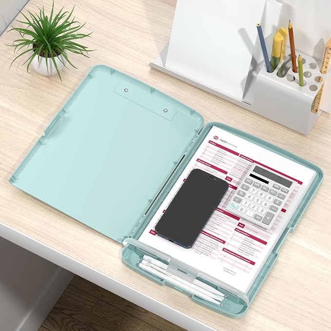 Rimilak Clipboard with Storage, 8.5 x 11'' High Capacity Clip Board, Green | Smooth Writing, Side-Opening Plastic Folder with Pen Holder, Size 14.2 x 9.6 x 1.2″ ,for Classroom, Teacher, Student