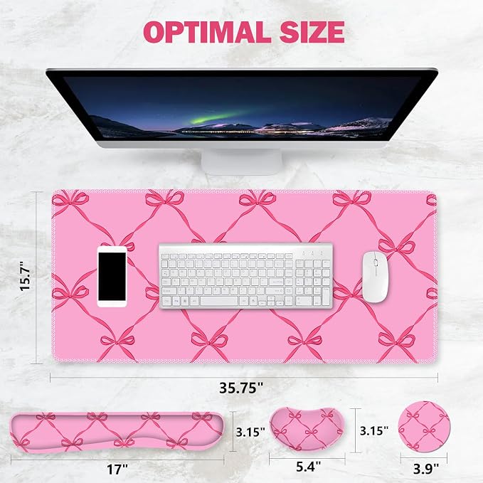 ToLuLu Large Mouse Pad Desk Pad Set, 4PCS Wrist Rest Support XXL Desk Mat | 35.4”x15.7" Giant Mouse Pad for Keyboard Mouse , Non-Slip Base Stitched Edges Mousepad Office Desk Decor, Hot Pink Bow