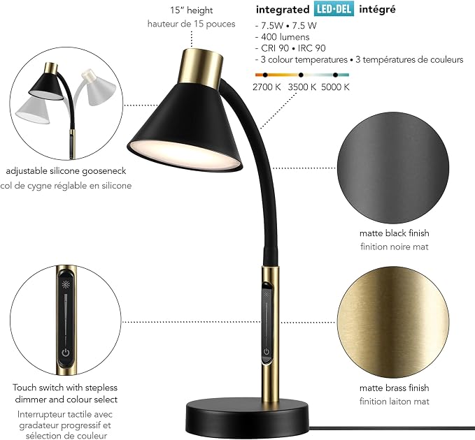 Globe Electric 62000034 15" LED Integrated Desk Lamp, Matte Black, Brass Accent, Adjustable Gooseneck, Dimmable, 3 Color Temperature, 7.5W, 90 CRI, 400 Lumens, Reading Light, Dorm Room Essentials