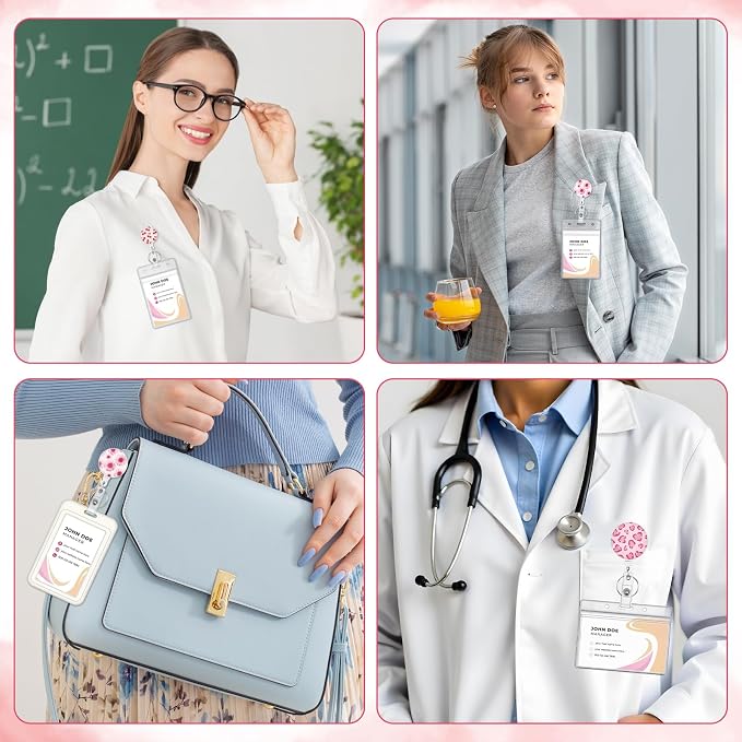 BESARME 3 Pack Badge Reels Retractable Badge Clip with Key Ring Retractable Badge Holders for Office Worker Teacher Nurse Student(Pink Flower)