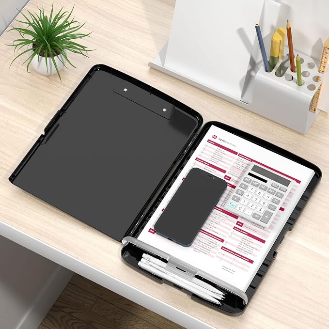 Rimilak Clipboard with Storage, 8.5 x 11'' High Capacity Clip Board, Black | Smooth Writing, Side-Opening Plastic Folder with Pen Holder, Size 14.2 x 9.6 x 1.2″ ,for Classroom, Teacher, Student
