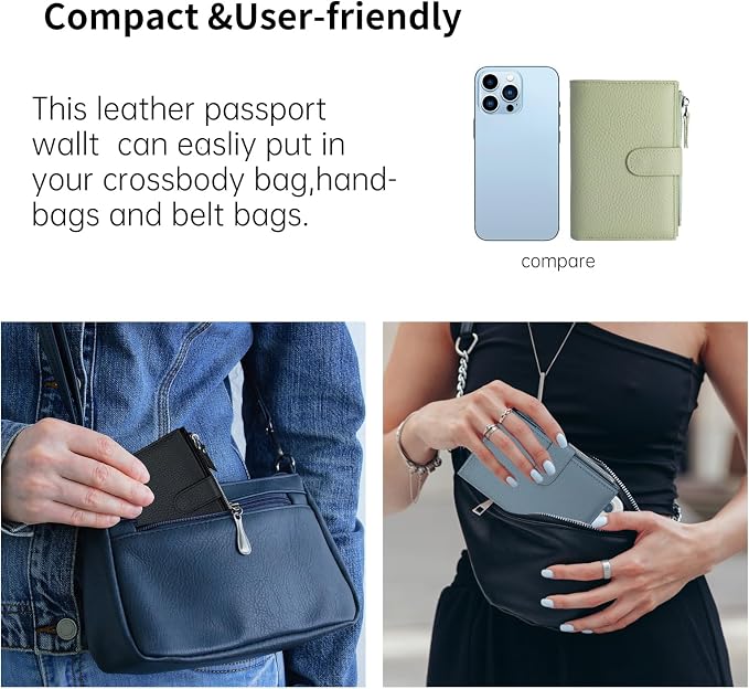 Passport wallet and Card Slot Combo RFID Blocking Leather Travel Passport Wallet for Men and Women with Zippered Coins Pocket Passport holder, Light Green