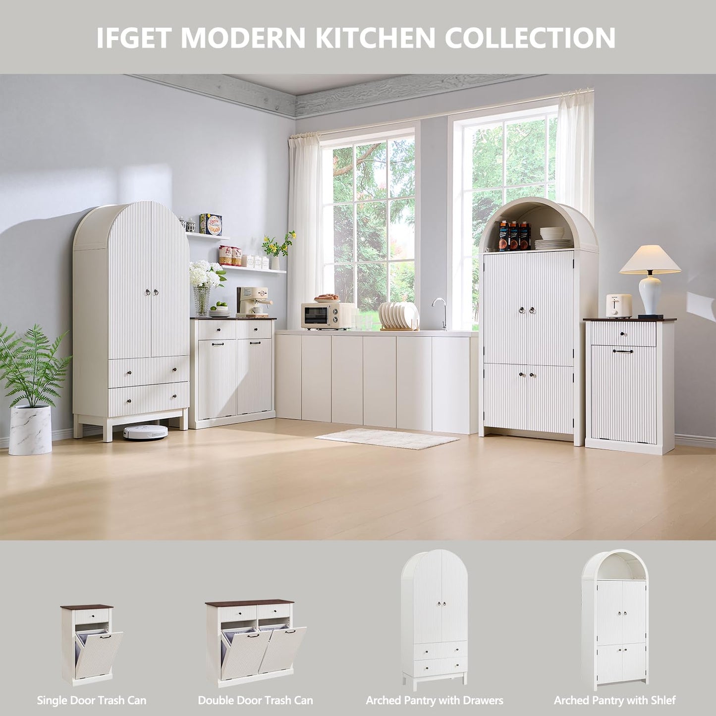 Modern Tilt-Out Trash Can Cabinet, 10 Gallon Fluted Laundry Hamper Cabinet with Drawers, Wooden Hidden Garbage Can Cabinets with Storage Basket, Free Standing for Kitchen and Living Room, White