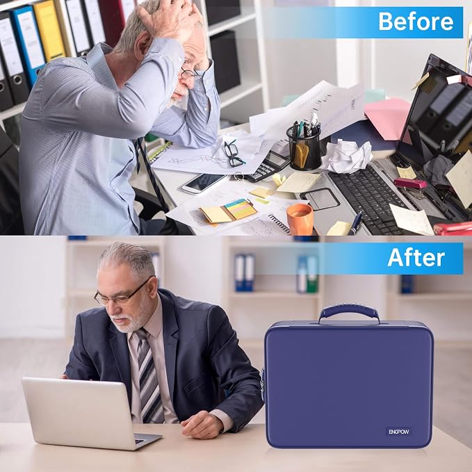 ENGPOW Fireproof File Organizer Bag with 13 Pockets Accordion File Folder | 5200℉ Document Organizer Box with Lock & Labels, Multi-Layer, Portable Home Safe Storage for Important Documents, Blue