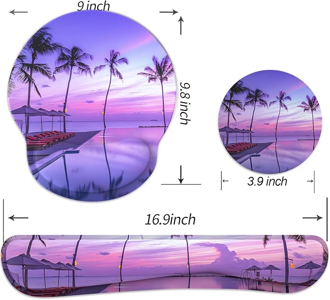 Ergonomic Mouse Pad with Wrist Rest and Keyboard Wrist Rest, Mousepad | Memory Foam Wrist Rest for Computer Keyboard, Pain Relief, Non-Slip Base, Mouse Pad Wrist Support for Gaming, Purple Beach