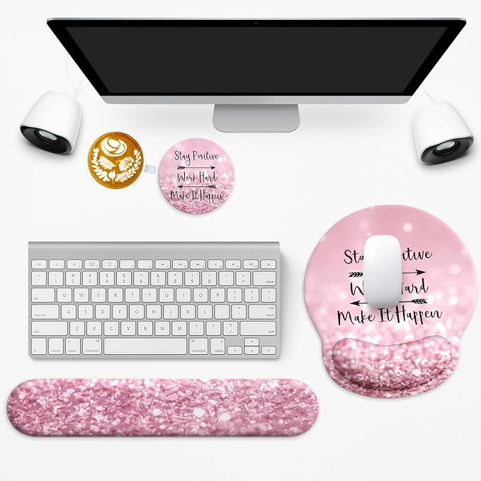 3 in 1 Ergonomic Mouse Pad and Keyboard Wrist Rest with Coaster Set-Pink | Cute Large Mousepad with Gel Wrist Support for Gaming Computer Laptop Women Office Home Desk Decor