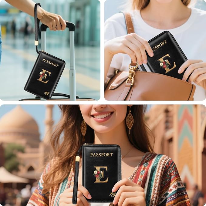 Passport Holder for Travel Personalized Wallet with Wristlet Women | Passport Cover, RFID Blocking, Passport Book Holders, Back Coin Pocket, Zipper Closure, Roses Initial Letter, Black E