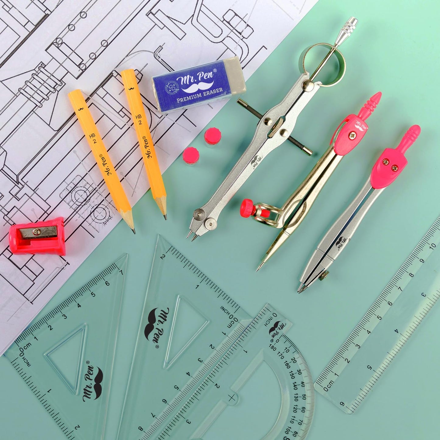 Mr. Pen- Geometry Set, 13 pcs, Compass for Geometry, Protractor Set, Geometry Kit Set with Shatterproof Storage Box, Geometry Kit, Drawing Tools, Drafting Set, Back to School Supplies