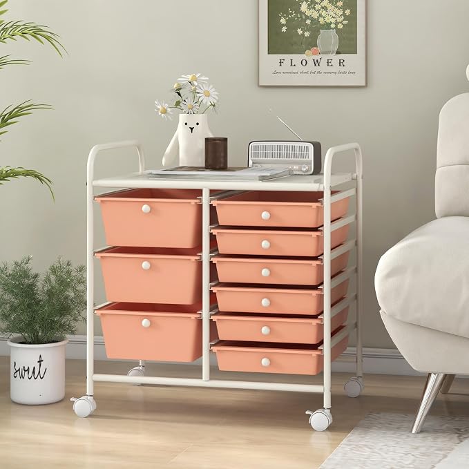 9 Drawer Rolling Storage Cart, Rolling Cart with Drawers for Classroom, Art Supply Craft Organizer on Wheel with Metal Frame & Handles for Home Office School
