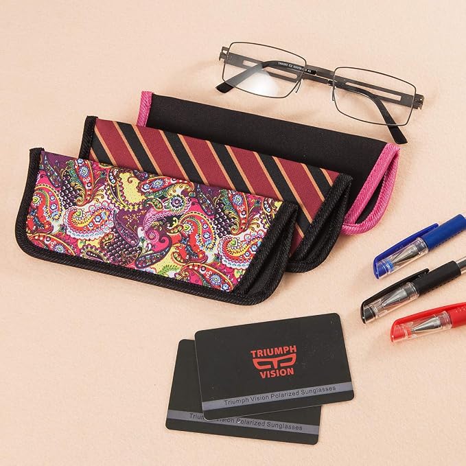 TRIUMPH VISION 3 Pack Reading Glasses Pouch Soft Case Eyeglass Sleeve Slim | Alternative to Bulky Case in bag, Lightweight Lined Padded Protect Optical lens Slip in, Cute Pattern Portable for Daily Use