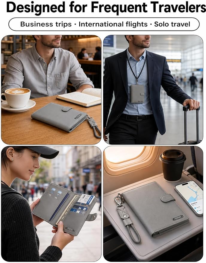 Trackable Passport Holder for Travel, RFID Blocking Wallet, Grey | Rechargeable PU leather cover works with Apple Find My and is Apple MFi certified; it includes card storage and a lanyard.
