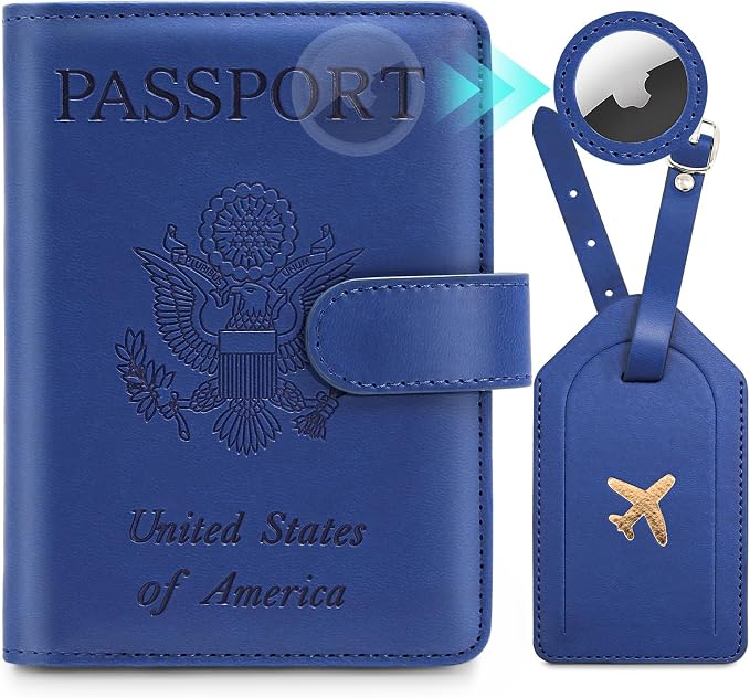 2 Pack Passport Holder For Travel with Slot for AirTag & Luggage Tag Cover – RFID Blocking Passport Holder for Travel Women/Men | PU Leather Passport Case with Pocket, Blue/Pink