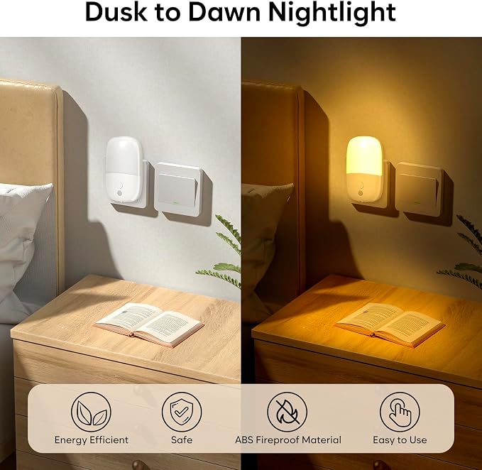 LED Night Light Plug into Wall, 2 Pack Dimmable Night Lights with Dusk to Dawn Sensor & Retractable Plug & 3 Adjustable Brightness, 3000K Warm Nightlight for Adults/Kids/Bedroom/Stair/Hallway/Kitchen