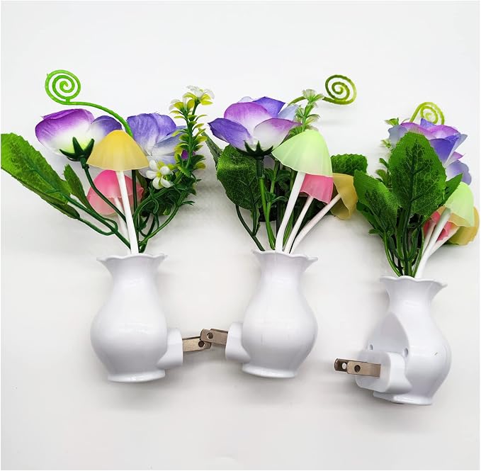AUSAYE 3Pack Sensor Night Lights Plug into Wall Rose Flower Light, Led Lamp Dream Nightlight Mushroom Night Lights for Kids Adults Room,Bathroom,Kitchen,Hallway