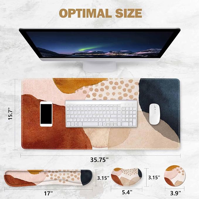 ToLuLu Extended Gaming Mouse Pad, Memory Foam Ergonomic Keyboard Mouse Wrist Rest Support Set, Large Desk Mat with Stitched Edges, Non-Slip Base Mousepad for Home Office and Game, Brown Boho Art