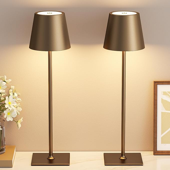 Kakanuo Brown Cordless Rechargeable Table Lamp 5000mAh Battery Operated Lamps, 3 Colors Stepless Dimming Touch Lamp for Living Room, Kitchen Counter, Dining, Outdoor Patio, 2 Pack