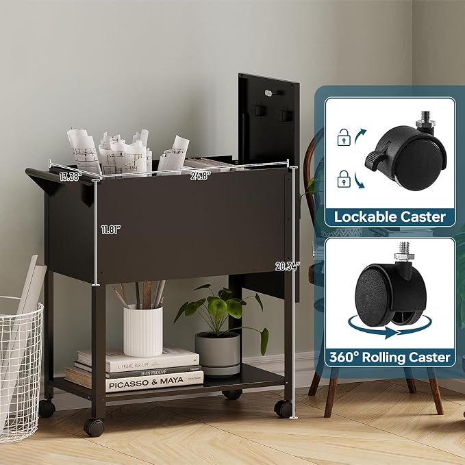 MIIIKO Mobile File Cart with Lock, Rolling File Cabinet Hanging Letter/Legal Size with Lockable Sliding Cover, Office File Organizer on Wheels