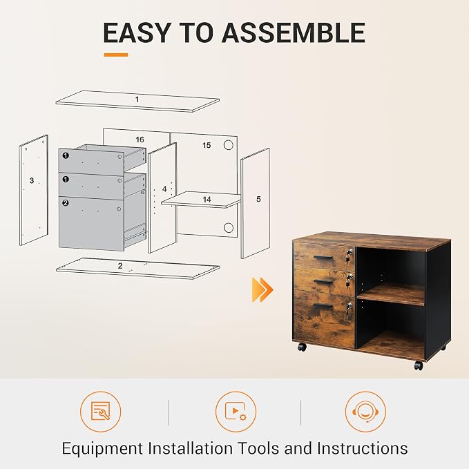 DEVAISE 3-Drawer File Cabinet with Lock, Wood Filing Cabinet, Rustic Brown | Rolling Printer Stand, Office Cabinet, Open Storage Shelves, Letter & A4 Compatible, Home Office, Under Desk Storage