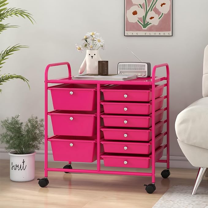 9 Drawer Rolling Storage Cart, Rolling Cart with Drawers for Classroom, Art Supply Craft Organizer on Wheel with Metal Frame & Handles for Home Office School
