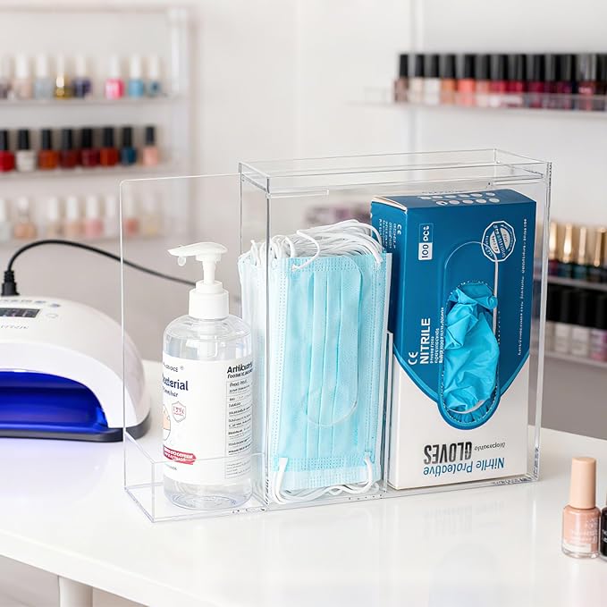 SEANADO Face Mask Dispenser 3 Compartment Acrylic Glove Box Holder Hygiene Station for Disposable Face Masks, Emesis Bag, Shoe Cover and Hairnet, Wall Mount Holes or Tabletop Holder (Clear)