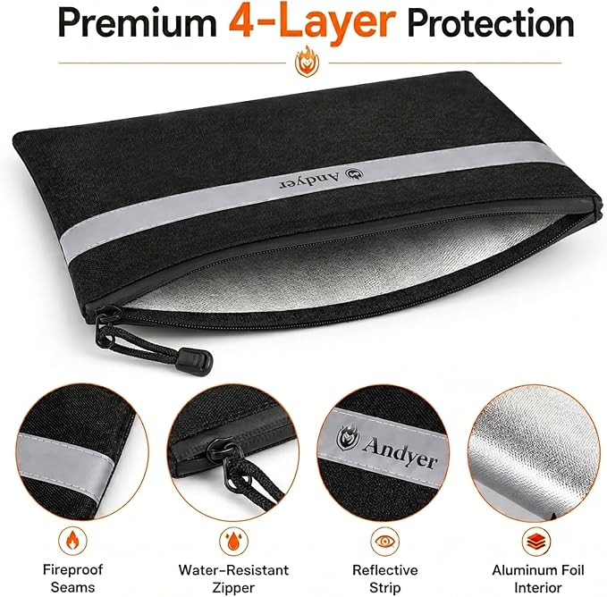 Andyer Fireproof Money Bag for Cash, 2 Pack Fire Proof Bag for Documents | 13.4"x10" and 11"x6" Fireproof Document Bag with Reflective Strip, Waterproof Document Pouch for Important Papers, Passports