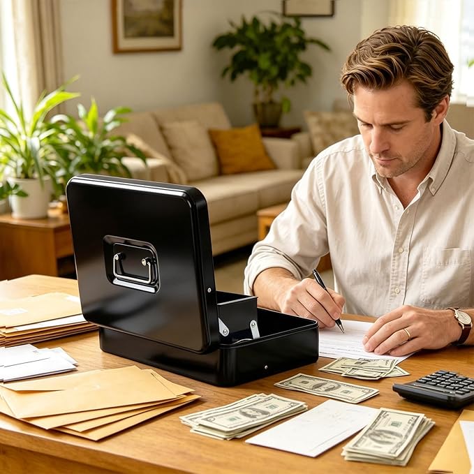 Jssmst Locking Large Metal Cash Box with Money Tray, Money Box with Combination Lock, Black