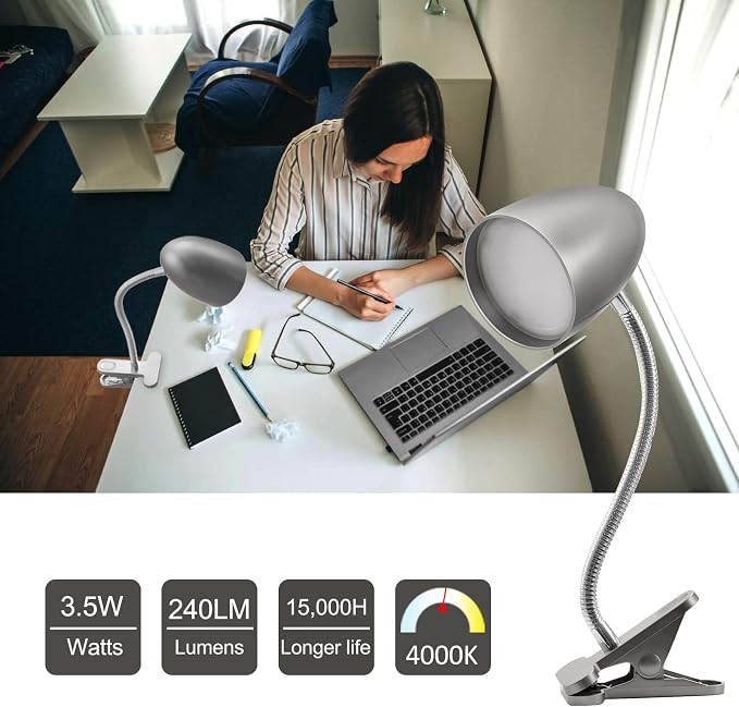 E ENERGETIC LIGHTING Desk lamp with Clamp, Non-Dimmable Clip Light for Bed and Desk, 4000K Cool White, 3.5W 240 LM lamp, Eye Protection, ETL Listed