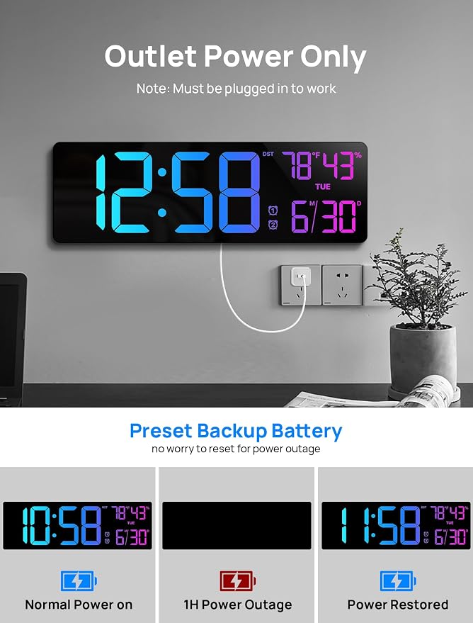 18.5" Large Digital Wall Clock with Remote Control, Big LED Display Digital Clocks with Night Light, Alarm, Countdown, DST, Temp, Date for Parlor, Office, Classroom, Bedroom, Gifts for Seniors(Black)