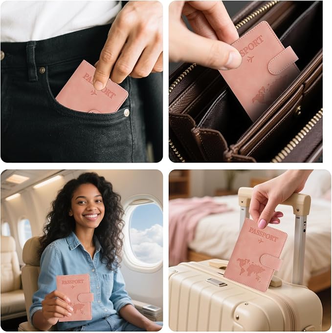 Passport Holder for Travel Essentials, Pink Leather Passport Cover, Passport Wallet Holders for Women Men Family Travel Gifts Must Have Accessories, Credit Card Cash Air Ticket Storage Supplies