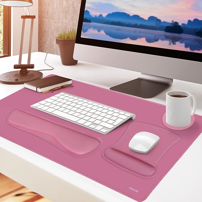 MOSISO Keyboard Mouse Pad Set, Large Gaming Mousepad&Keyboard Wrist Rest&Mouse Wrist Rest&Coaster, Ergonomic Non-Slip Mousepad&Easy Typing Cushion with Memory Foam for Home Office, Rose Red