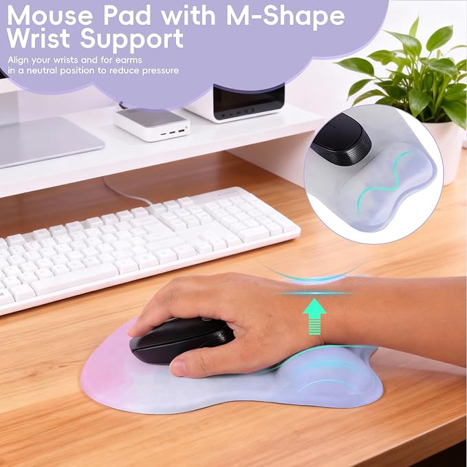 Mouse Pad with Wrist Rest Ergonomic Mouse Pad with Comfortable M-Shape Pain Relief Wrist Support Non-Slip PU Base Mousepad for Laptop, Office & Home (Purple Pink)