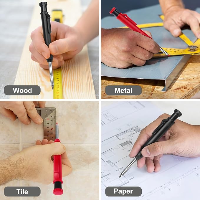 MECHEER 4 Pack Carpenter Pencils Mechanical Pencils with 48 Refills, Construction Pencils with Built-in Sharpener, Long Nib Deep Hole Heavy Duty Woodworking Pencil Marker for Architect (2 Colors)
