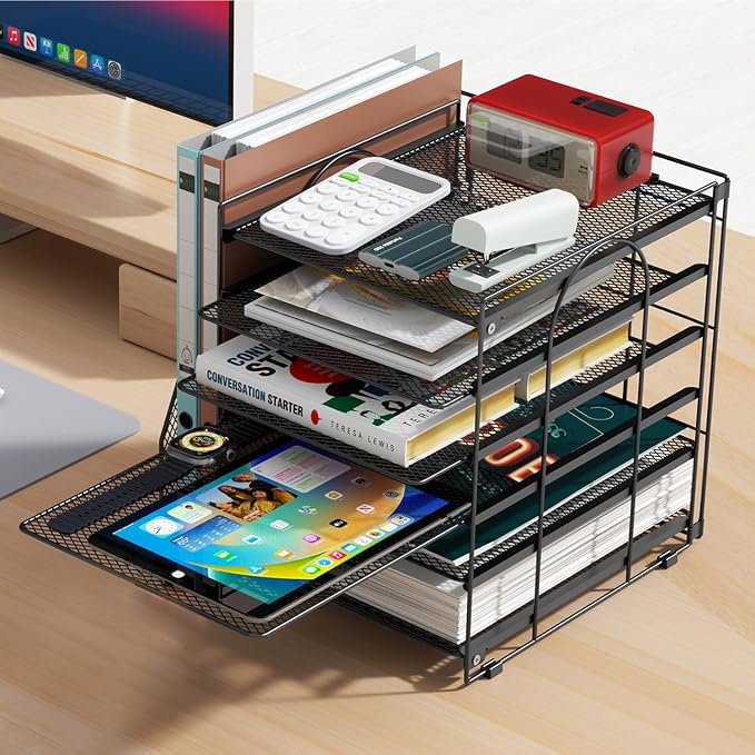 gianotter 6-Tier Paper Organizer With Magazine Holder | Desk Organizers and Accessories, File Organizer for Office Supplies Storag (Black, 6-Tier)