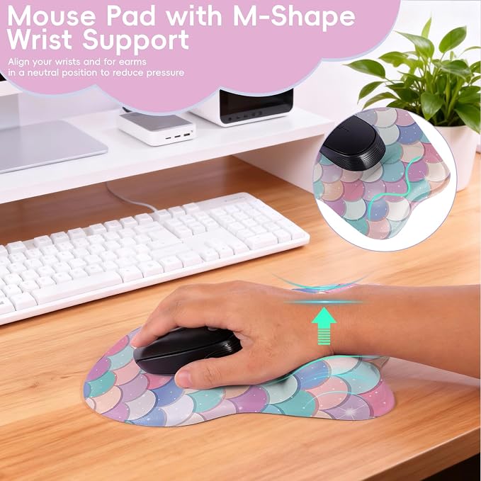 Mouse Pad with Wrist Rest Ergonomic Mouse Pad with Comfortable M-Shape Pain Relief Wrist Support Non-Slip PU Base Mousepad for Laptop, Office & Home (Candy Mermaid)