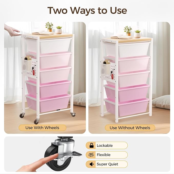 Rolling Cart with 4 Drawers, Plastic Drawer Storage Carts with Wheels & Wooden Tabletop, Metal Utility Cart with Pegboards, Office Living Room Classroom Craft Organization and Storage, Bright Pink