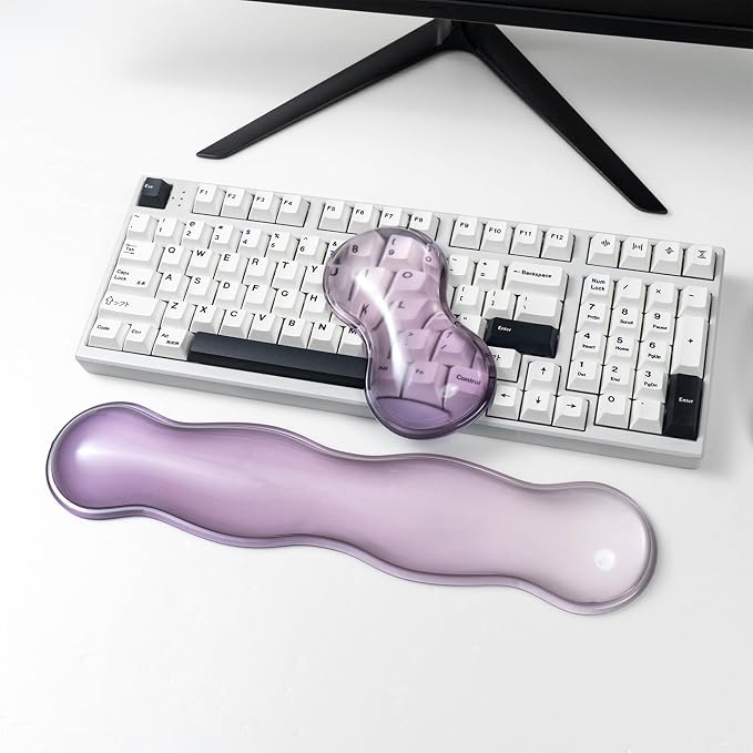 Ergonomic Gel Keyboard and Mouse Wrist Rest Set – Clear Wrist Rest for Computer Keyboard 60%/68%/75%, Comfort & Support for Typing and Gaming (Grey Purple)