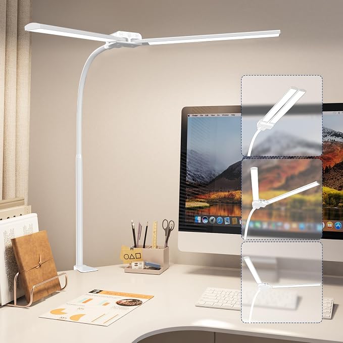 LED Desk Lamp with Clamp, Double Head for Dual Screen, 4 Color Modes,White | Eye-Caring 1200LM Desk Lights for Home Office Monitor Computer Workbench,3000-6000K Dimmanle Table Lamp Memory & 30-Min Timer