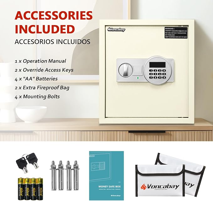 Voncabay Money Safe Box for Home with Digital Keypad, 1.5 Cu. Ft., White | Alloy Steel, 2 Fireproof Bags, Digital Keypad with Display, Removable Shelf, Alarm System, 14 x 13 x 13 In.