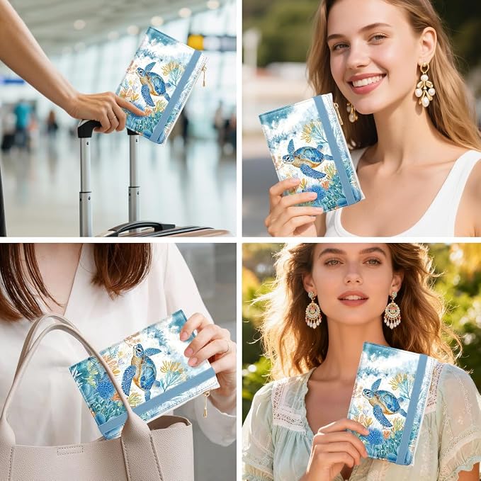 Passport Holder for Travel, RFID Blocking Passport Cover for Women Zipper | Travel Wallets, Passport Book Holder, Credit Card Holder, ID Window,SIM Card Slots, Coin & Tickets Pocket, Sea Turtle