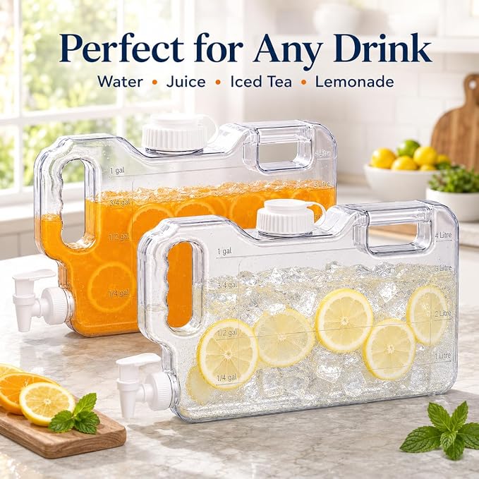 Fridge Water Dispenser with Leak-Proof Spigot, Reusable Refrigerator Drink Dispenser with Handle, Water Jug Beverage Container for Iced Tea, Juice, Lemonade, Party and Daily Use (1, 1.1 Gallon)