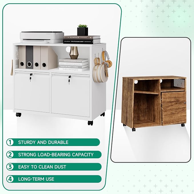 Mobile 2 Drawer File Cabinet with Lock, Metal Lateral Printer Stand Filing Storage Cabinets with Shelves for Home Office-A4/F4/Letter (White)