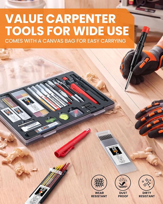 STAGEEK 30 Pack Carpenter Pencils Set With 79 Refills | Construction Pencil, Deep Hole Long-Nib Marker Pens, Automatic Center Punch and Carbide Scribe Tool for Woodworking with Case