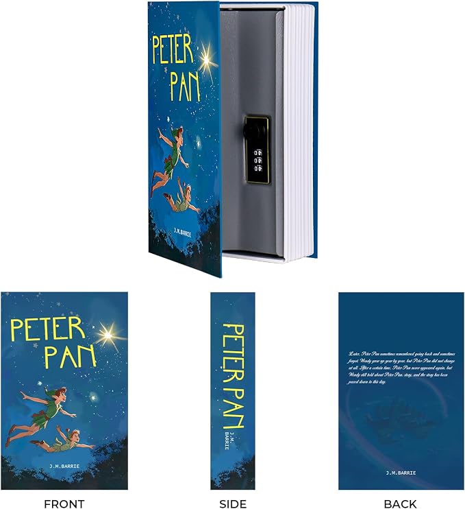 Book Safe with Combination Lock, Hidden Safe (9.5 x 6.2 x 2.2 Inch) with Fireproof Bag, Secret Diversion Safe, Hollow Book Box Hidden Storage, Money Safe Box for Cash (Peter Pan)