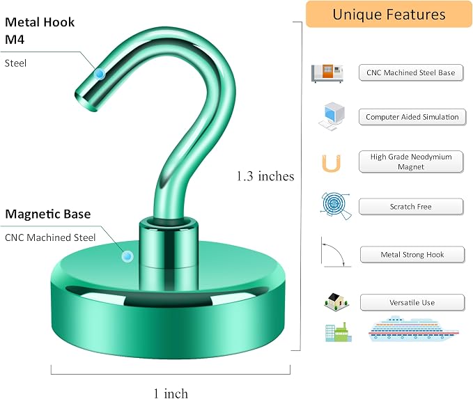 Neosmuk Magnetic Hooks, Heavy Duty 85lb+ Strong Magnet Hook for Cruise Cabins, Cruise Essentials 2026 for Hanging, Metal Wall Refrigerator Hangers (Green, 10 Pack)
