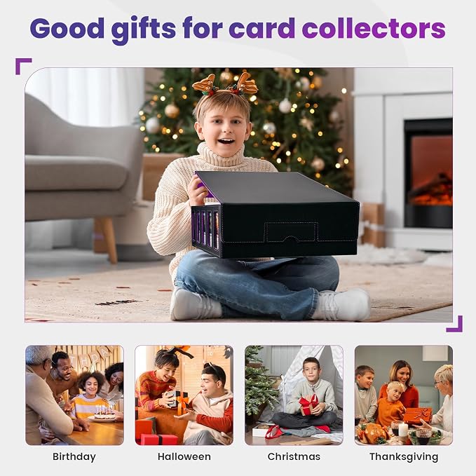 Trading Card Storage Box with Handle,5-Row Portable Leather Game Case for 4000+ Cards,Purple Card Collection Box with Commander Display Window for MTG,Yugioh, and Sports Cards,Gifts for Card Collector