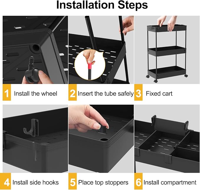 3 Tier Rolling Cart with Wheels, Storage Craft Art Trolley Organizer Serving, 3 Hanging Baskets Easy Assembly, for Office, Bathroom,Living Room, Kitchen, Black