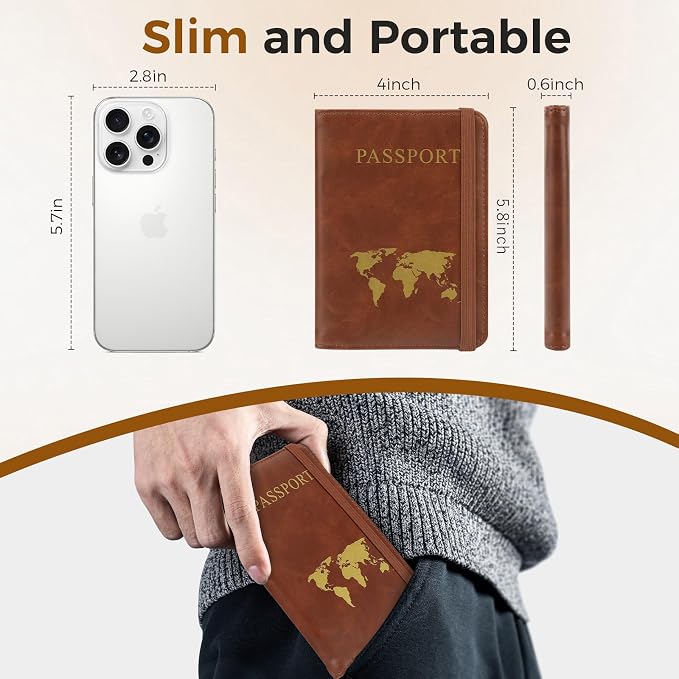Passport Holder Travel Women Men, Passport Wallet with Airtag Slot, Brown | RFID Blocking PU Leather Passport Holder Cover Case with Card Holder, Pen Slot
