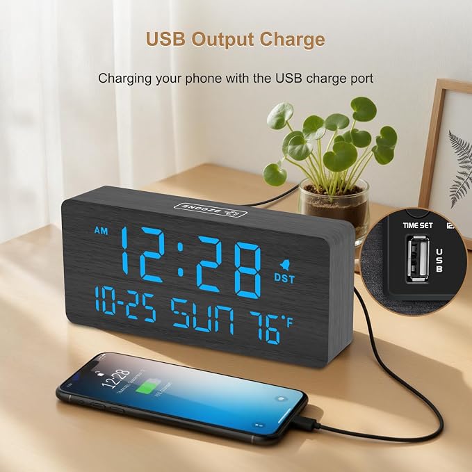 DreamSky Wooden Digital Alarm Clocks for Bedrooms with Date & Day of Week | Living Room Desk Clock, Temperature, USB Port, Dimmer Wheel, Adjustable Volume, Auto DST, Office Wood Decor (Plug-in)